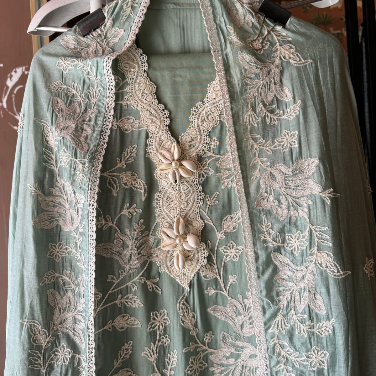 Soft linen cotton shirt (Unstitched)with crochia lace neck detailings