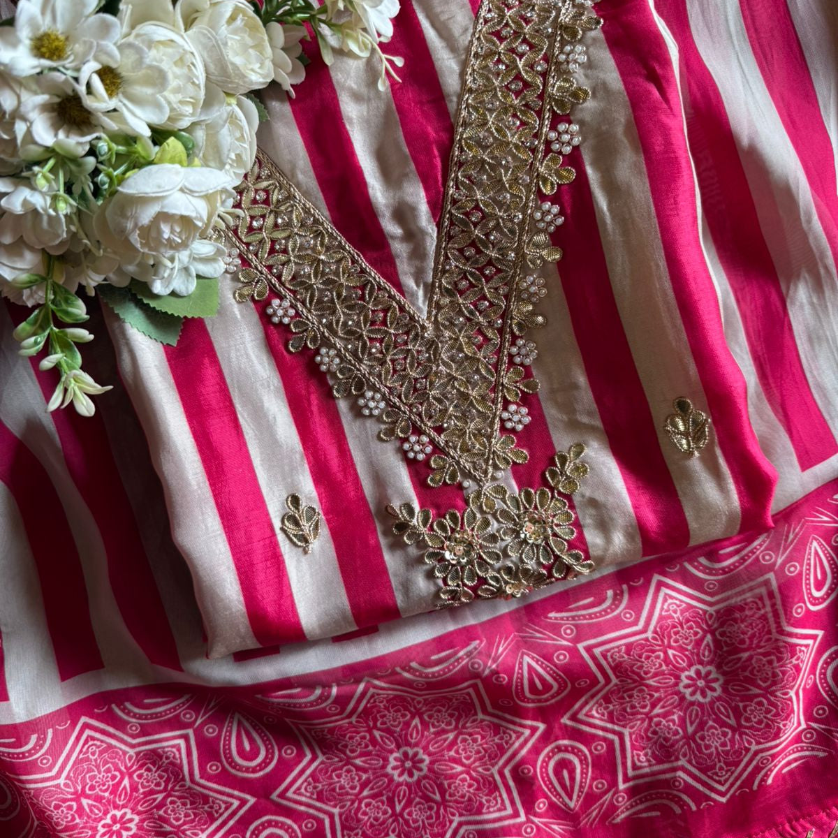 Soft Lustrous Fabric Three-Piece Ethnic Ensemble