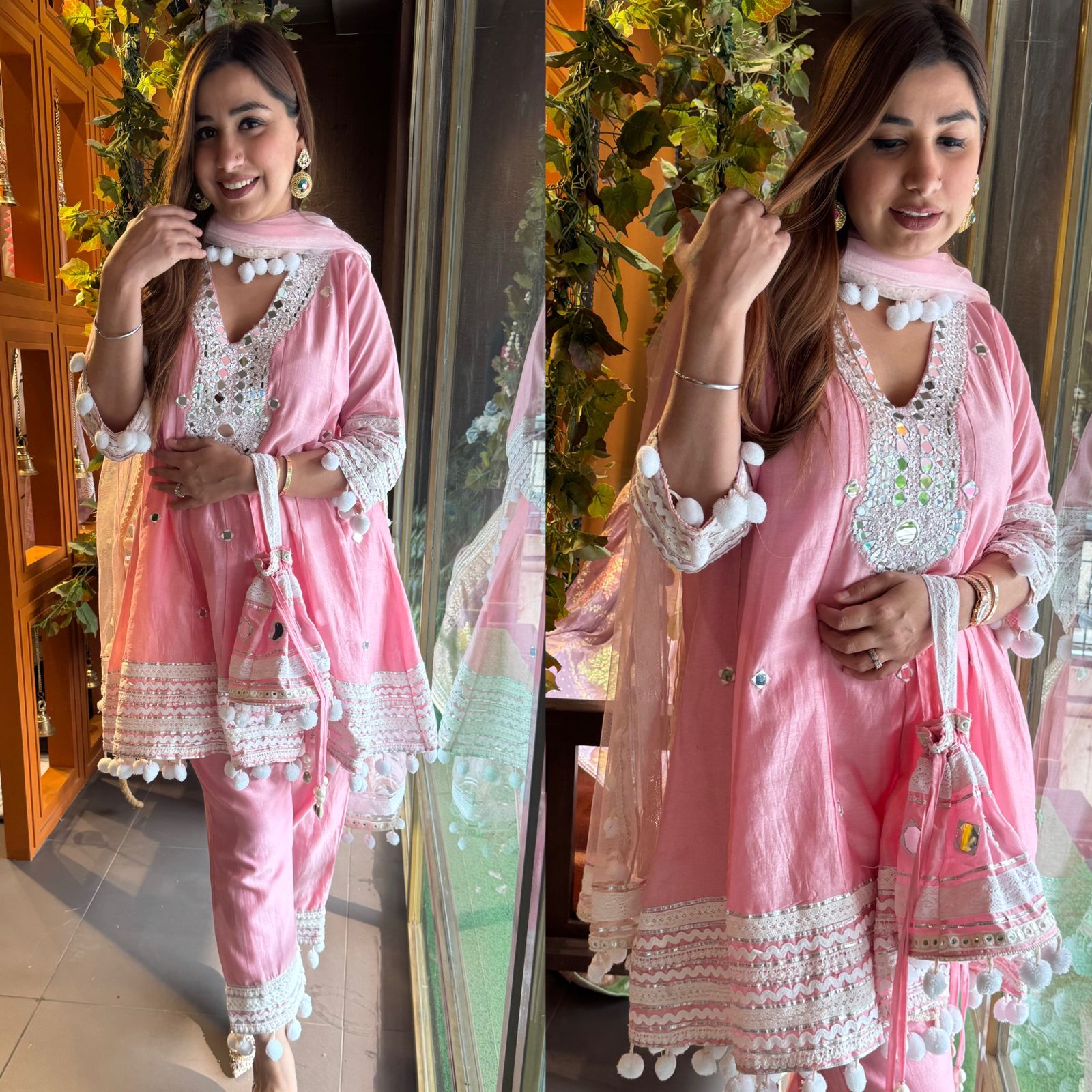 Soft cotton chanderi Anarkali suit with Beautiful sequence embellished neckline with original mirror highlighting