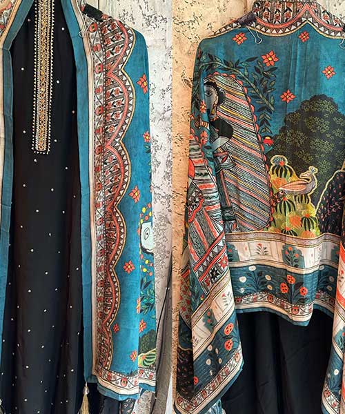 Pure Crape silk shirt with mirror work on the neckline