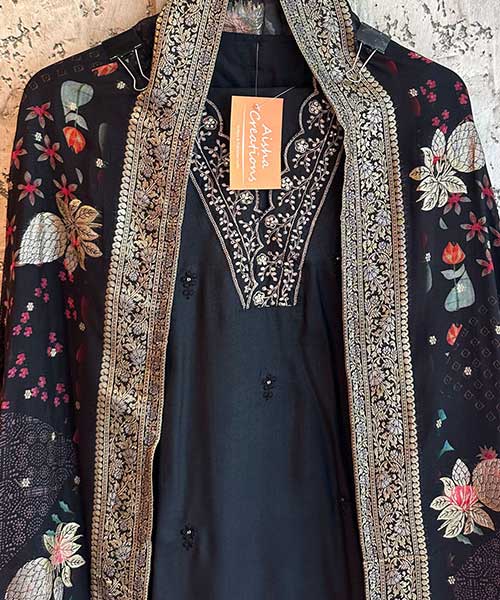Pure dola silk designer unstitched shirt with beautiful Royal embroidery