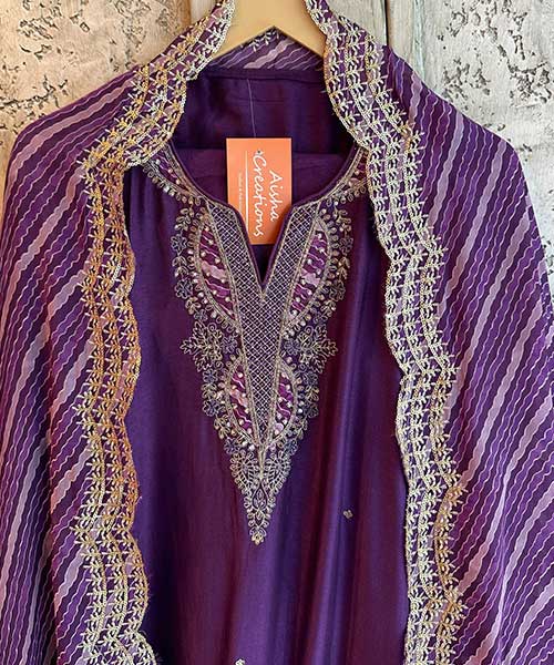 Pure silk shirt (Unstitched) Purple in colour Handwork