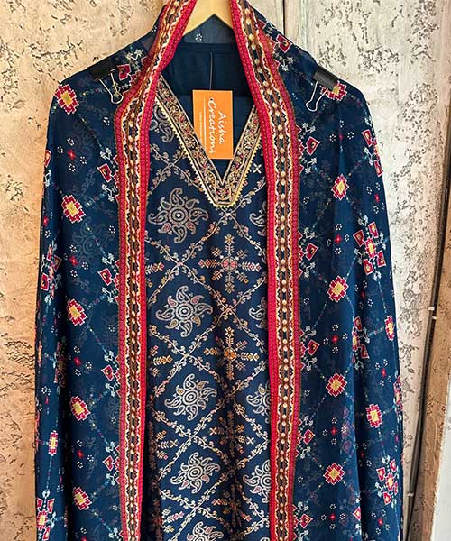 Pure silk zari weaved Unstitched full size shirt  With very beautiful Neckwork
