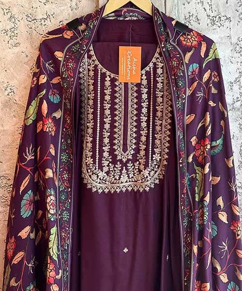 Pure silk Shirt with very pretty Neckwork with zari and thread and sequence