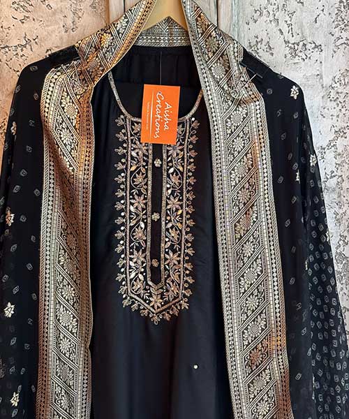 Pure dola silk designer unstitched shirt with beautiful Royal hand embroidery