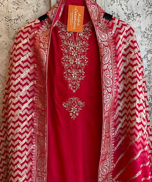 Pure silk unstitched shirt with beautiful gotta sequence pearl and zari work on neck!!
