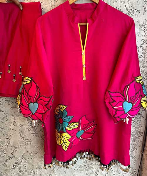 Soft pure chanderi stitched COORD with Very pretty quilted flowers