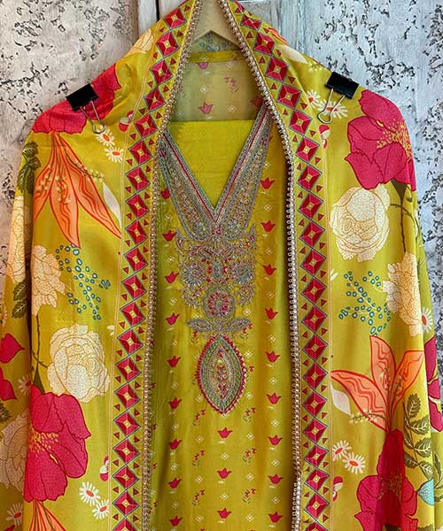 Digital printed silk shirt with zari Neckwork