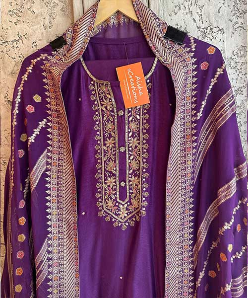 Pure russian silk unstiched shirt with beautiful hand embroidery embroidery on neck
