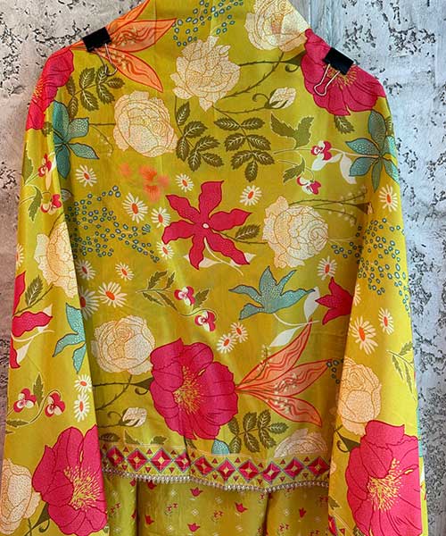 Digital printed silk shirt with zari Neckwork