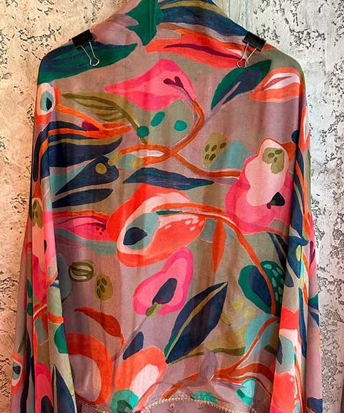 Digital printed Chinon shirt with Mirror and thread  Neckwork  Handwork done on the neckline