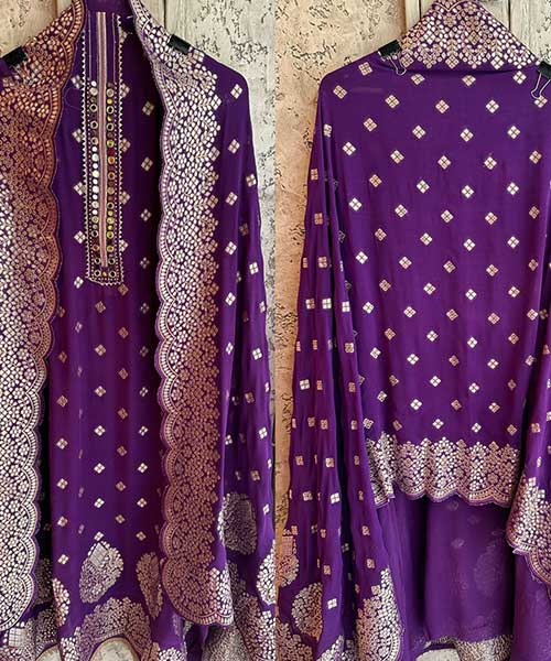Pure banarsi Georgette Shirt with overall zari booties with very beautiful Mirror work neckline