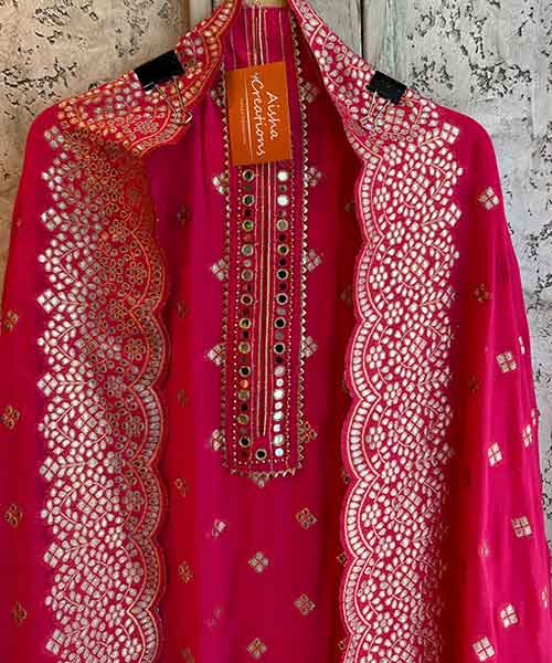 Pure banarsi Georgette Shirt with overall zari booties with very beautiful Mirror work neckline