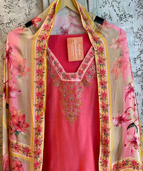 Pure silk shirt with very beautiful sequence and zari neckline (Handwork)