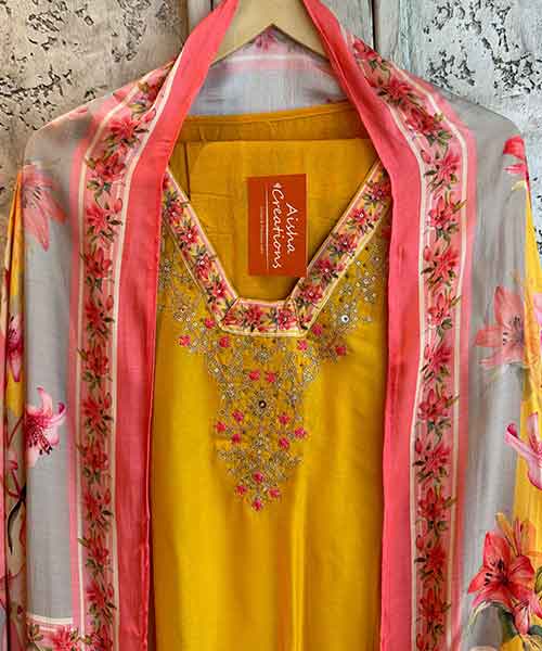 Pure silk shirt with very beautiful sequence and zari neckline