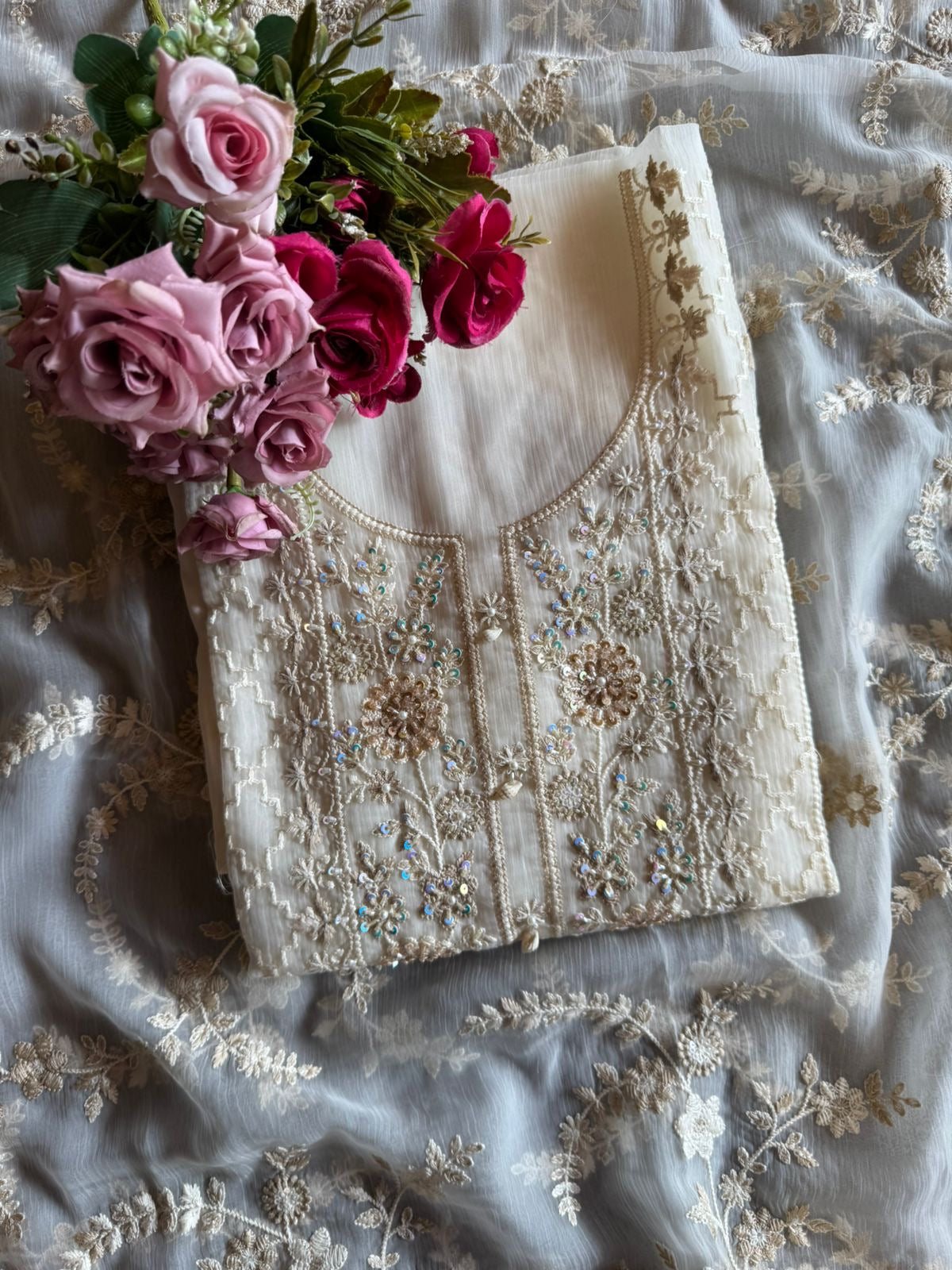 Very premium fabric used, Crushed chiffon with heavily thread embroidered