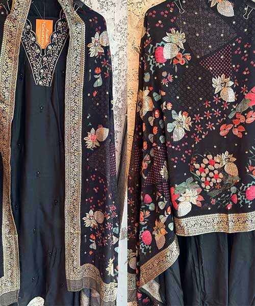 Pure dola silk designer unstitched shirt with beautiful Royal embroidery