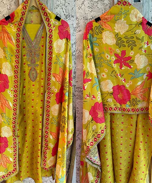 Digital printed silk shirt with zari Neckwork