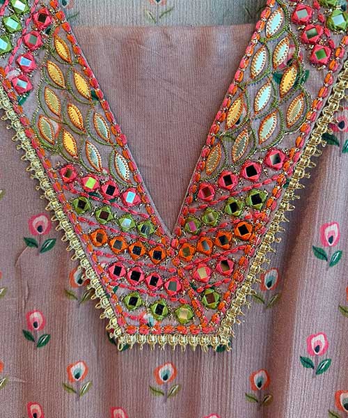 Digital printed Chinon shirt with Mirror and thread  Neckwork  Handwork done on the neckline