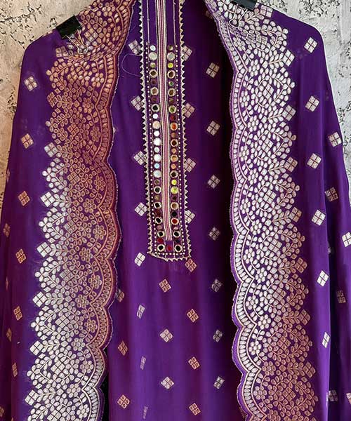 Pure banarsi Georgette Shirt with overall zari booties with very beautiful Mirror work neckline