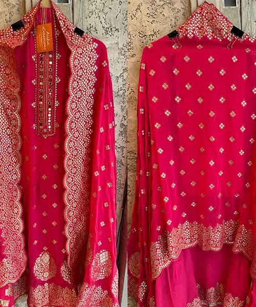 Pure banarsi Georgette Shirt with overall zari booties with very beautiful Mirror work neckline