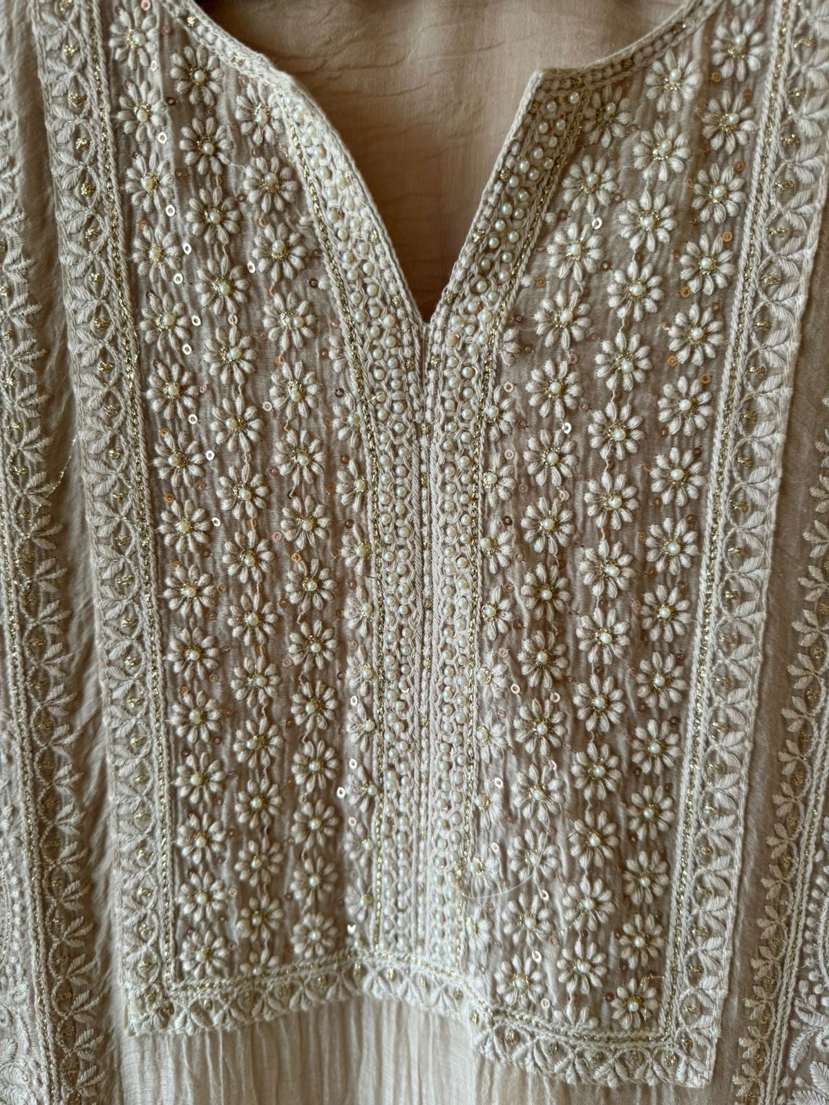 Pure Mul chanderi Stitched Suit with lakhnavi embroideries on the full shirt.