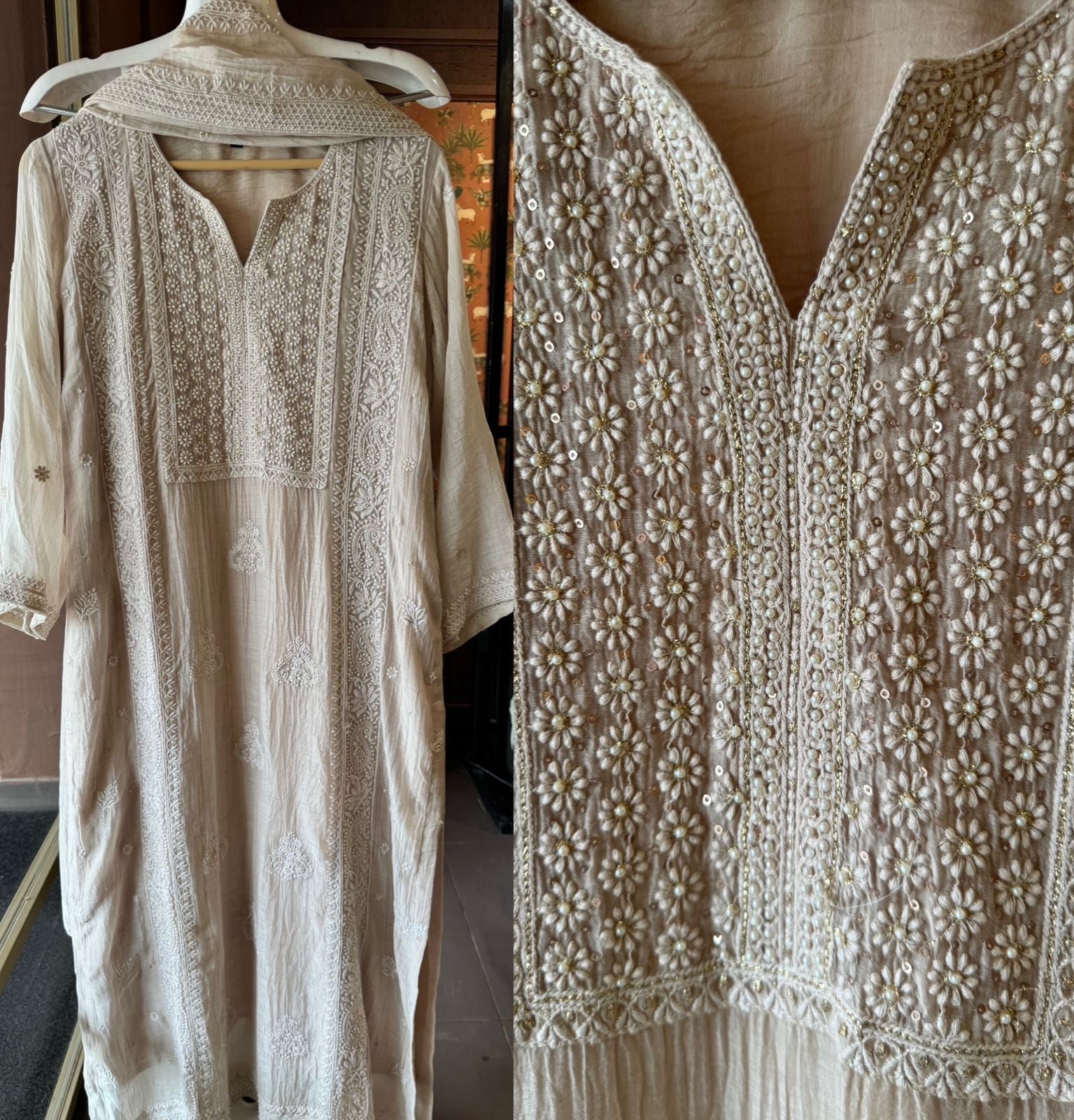 Pure Mul chanderi Stitched Suit with lakhnavi embroideries on the full shirt.