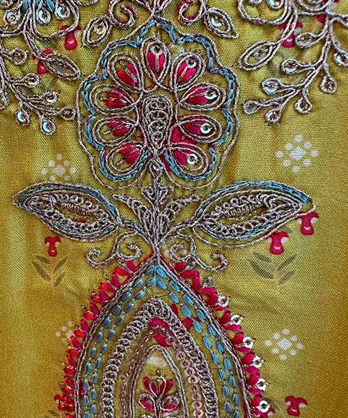 Digital printed silk shirt with zari Neckwork