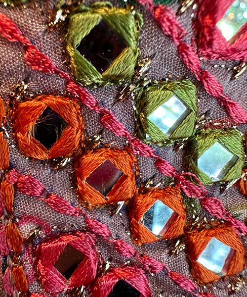 Digital printed Chinon shirt with Mirror and thread  Neckwork  Handwork done on the neckline