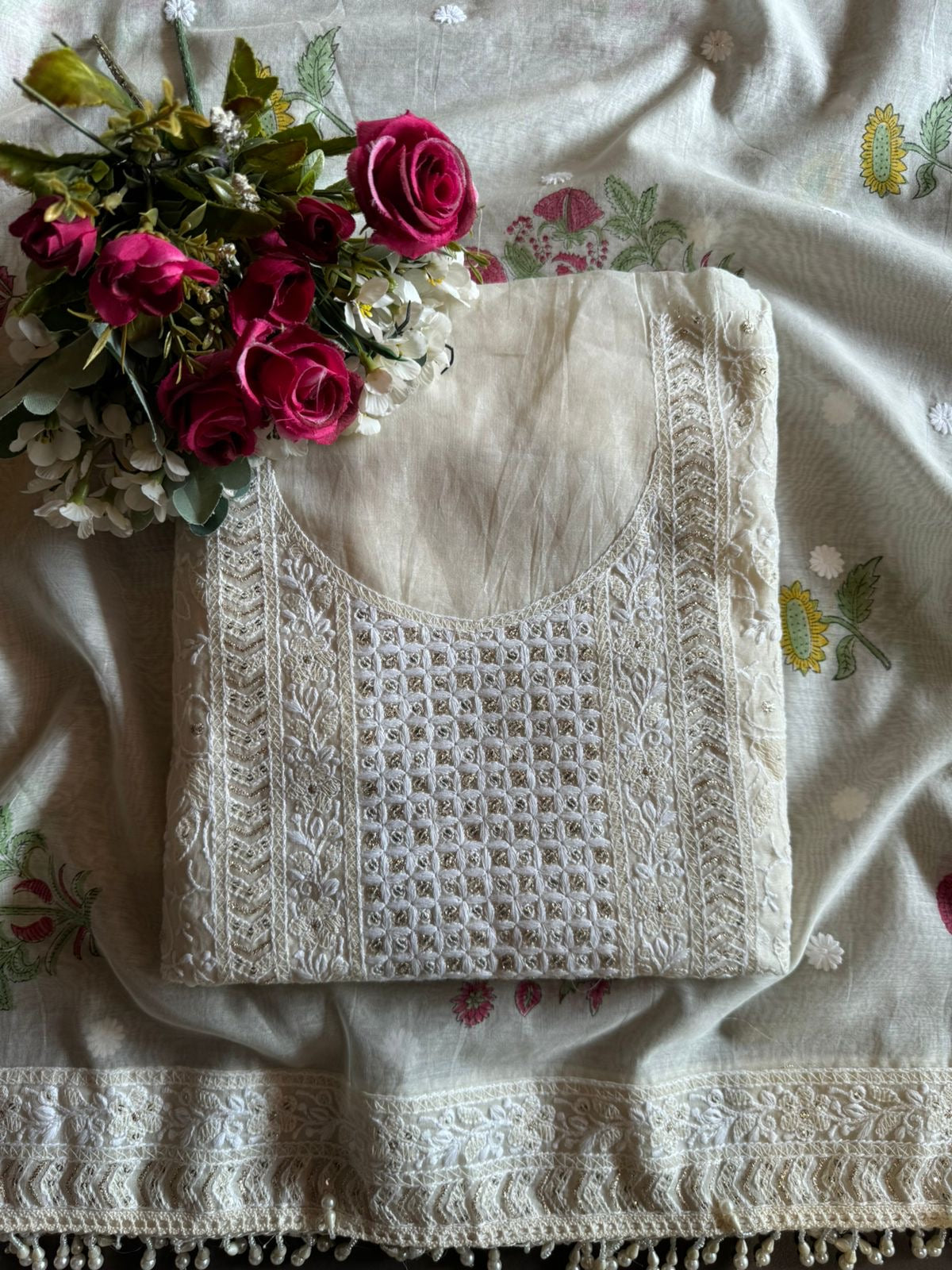 Lakhnavi embroidered Unstitched Front On Pure Mul cotton chanderi