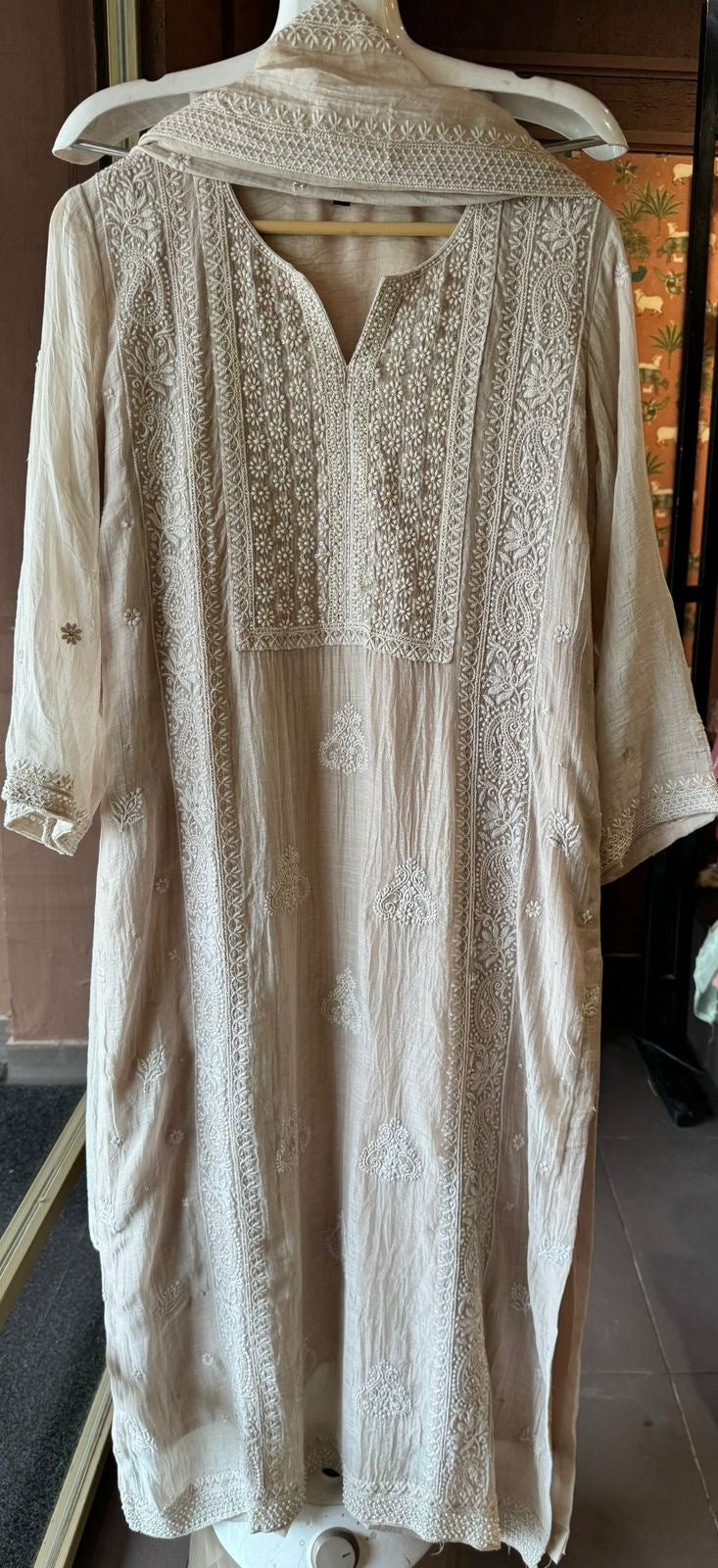 Pure Mul chanderi Stitched Suit with lakhnavi embroideries on the full shirt.