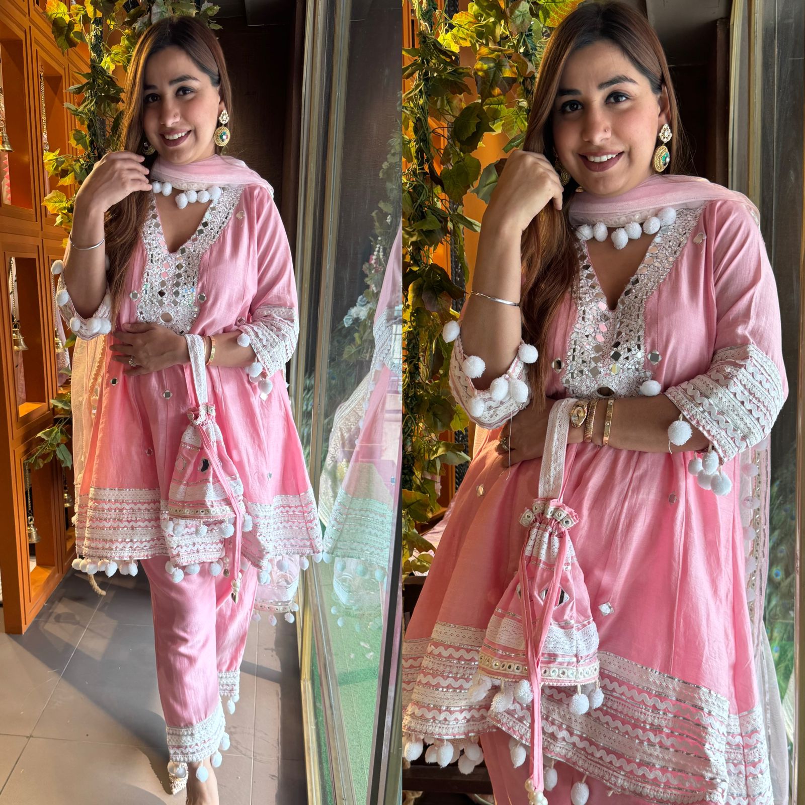 Soft cotton chanderi Anarkali suit with Beautiful sequence embellished neckline with original mirror highlighting