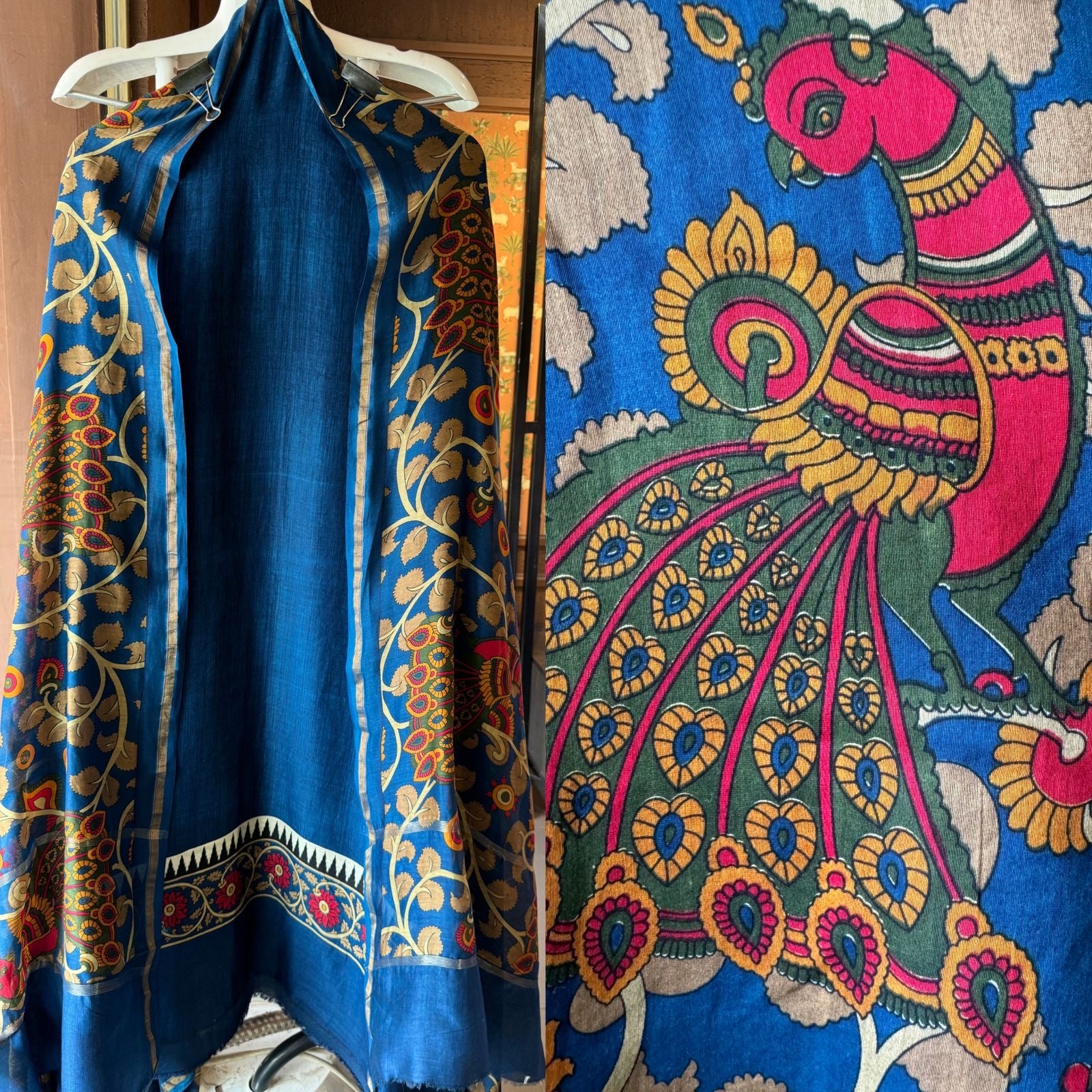 Premium Maheshwari silk unstitched shirt with Kalamkaari