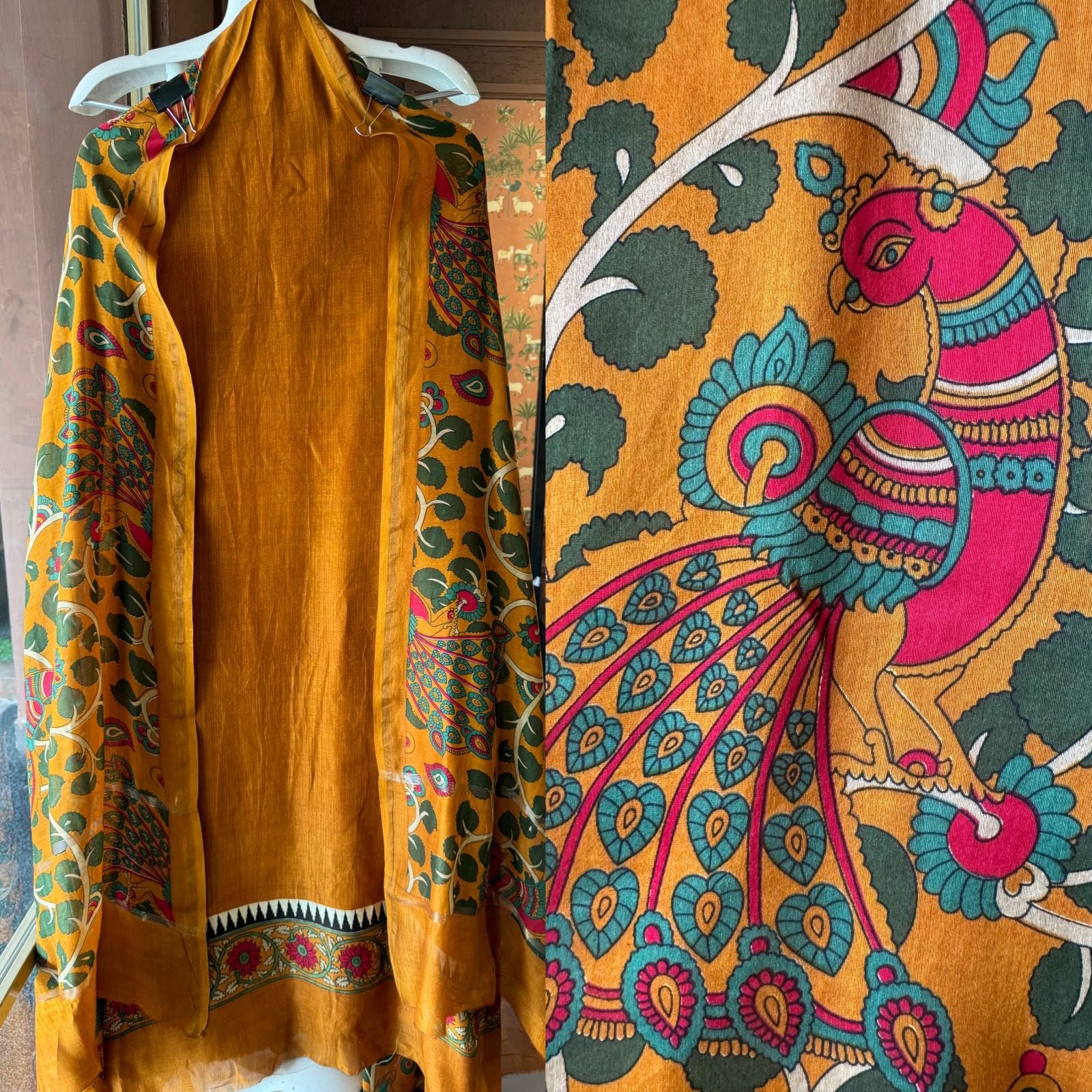 Premium Maheshwari silk unstitched shirt with Kalamkaari