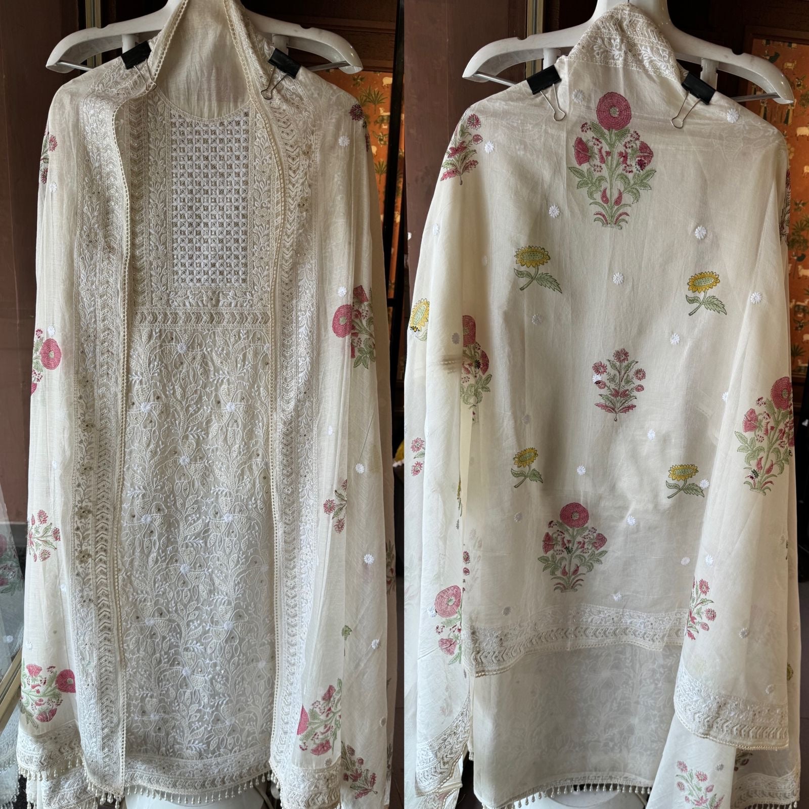 Lakhnavi embroidered Unstitched Front On Pure Mul cotton chanderi