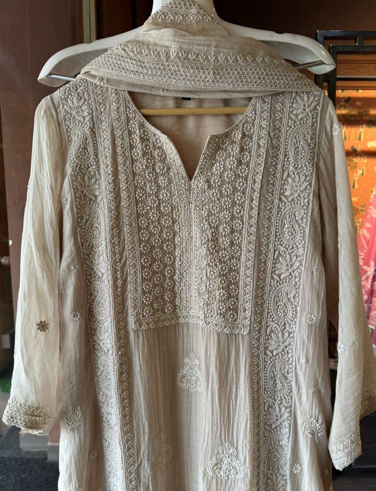 Pure Mul chanderi Stitched Suit with lakhnavi embroideries on the full shirt.