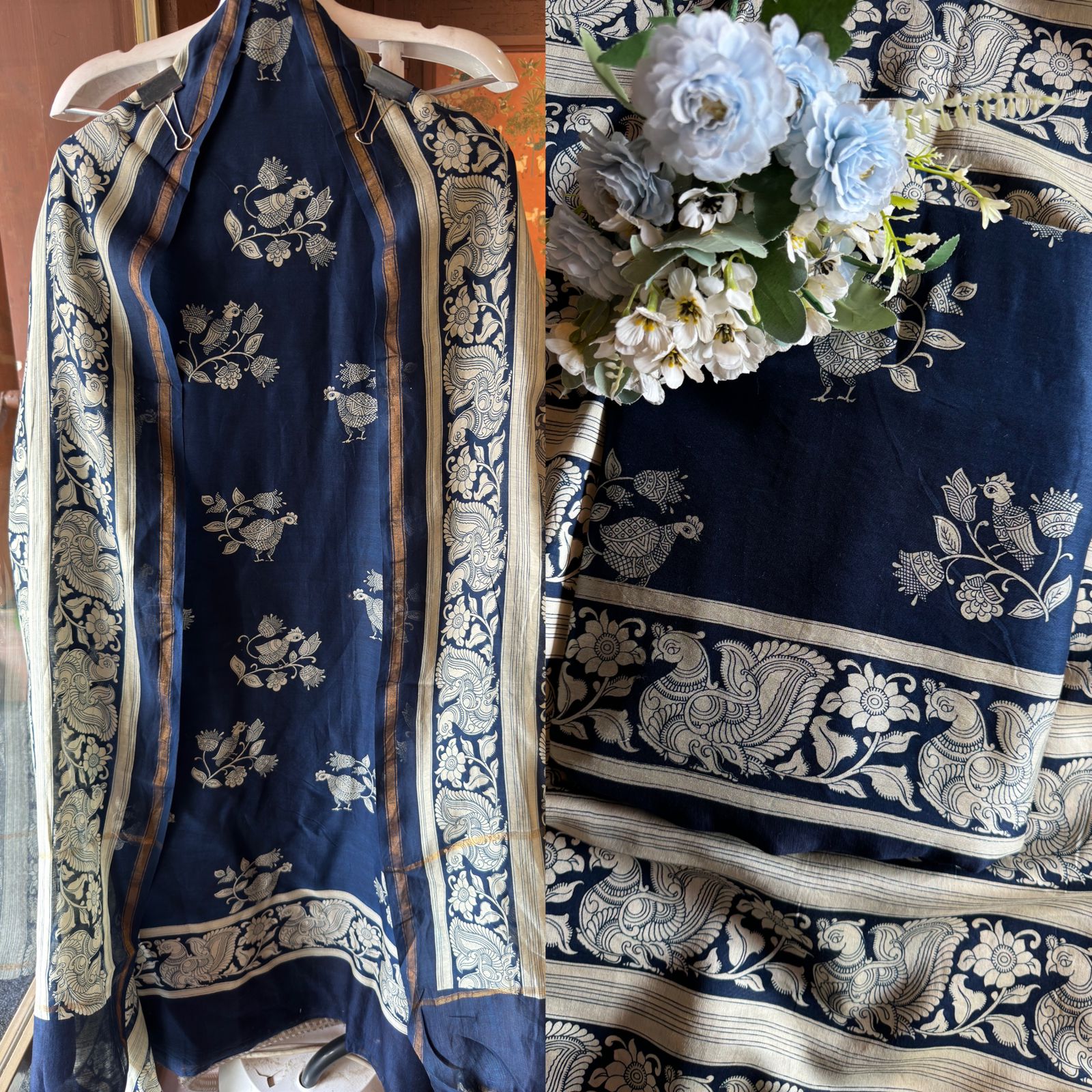 Premium Maheshwari silk unstitched shirt with Kalamkaari