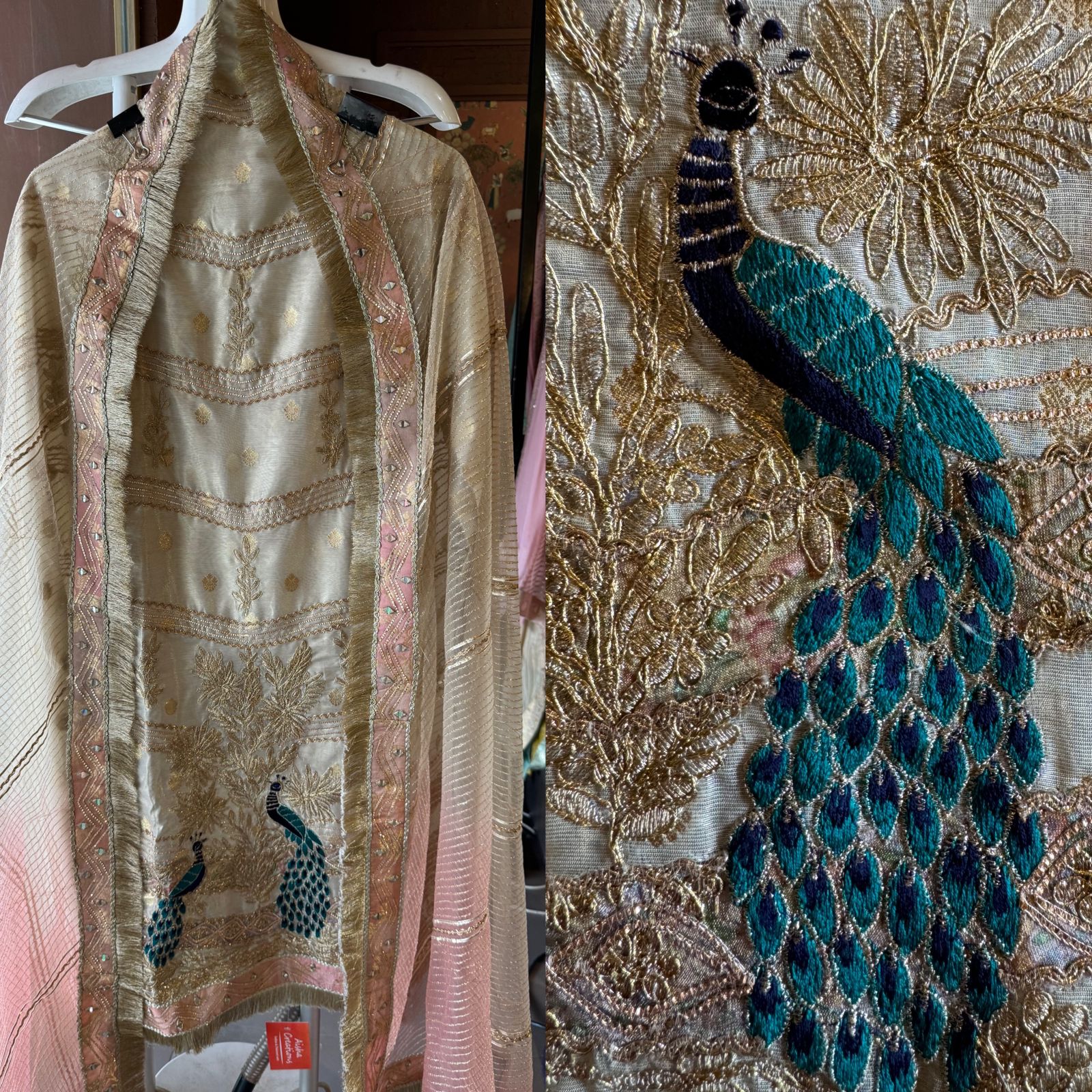 Pure chanderi Shirt gold in colour with complete zari work