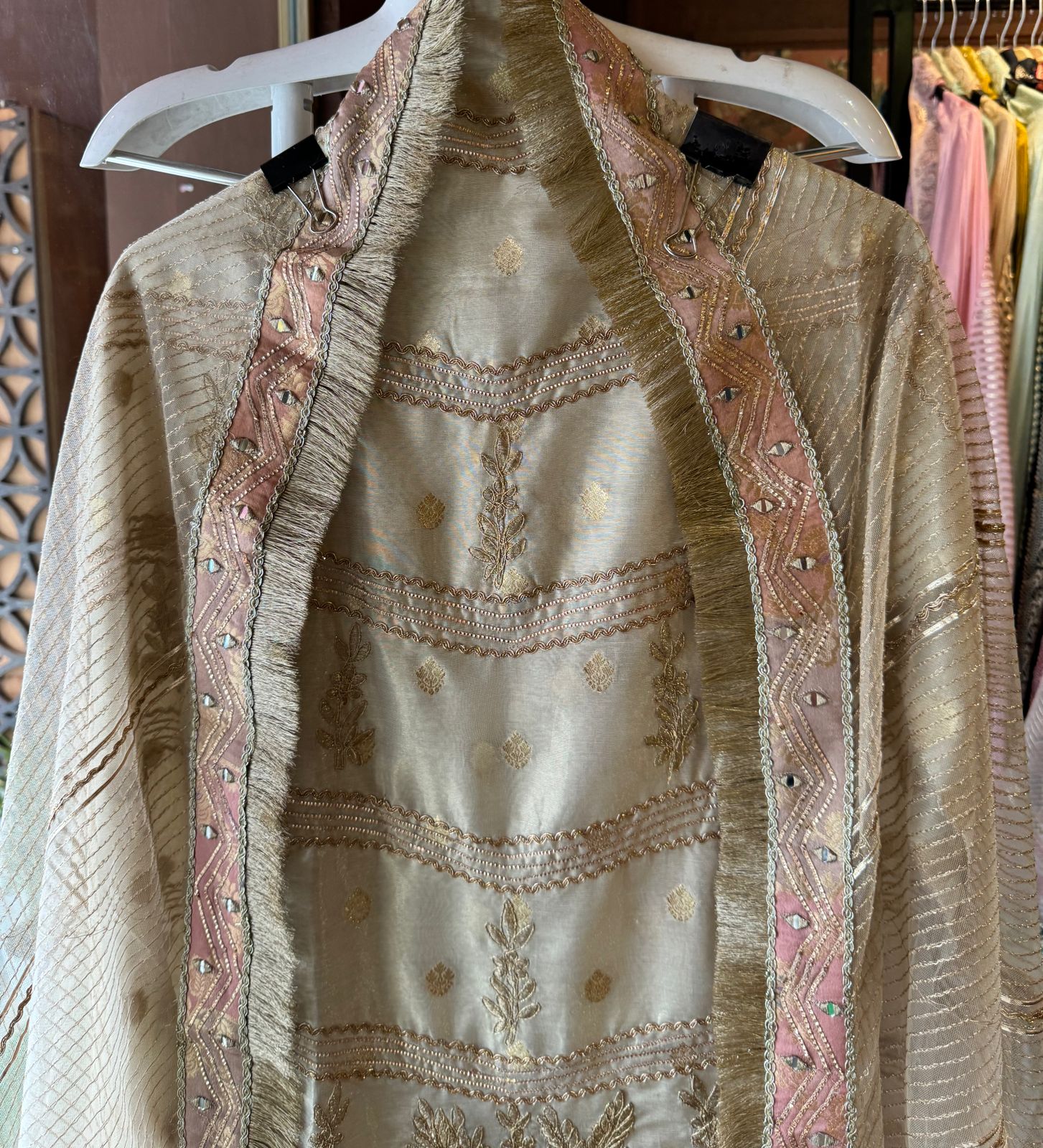 Pure chanderi Shirt gold in colour with complete zari work