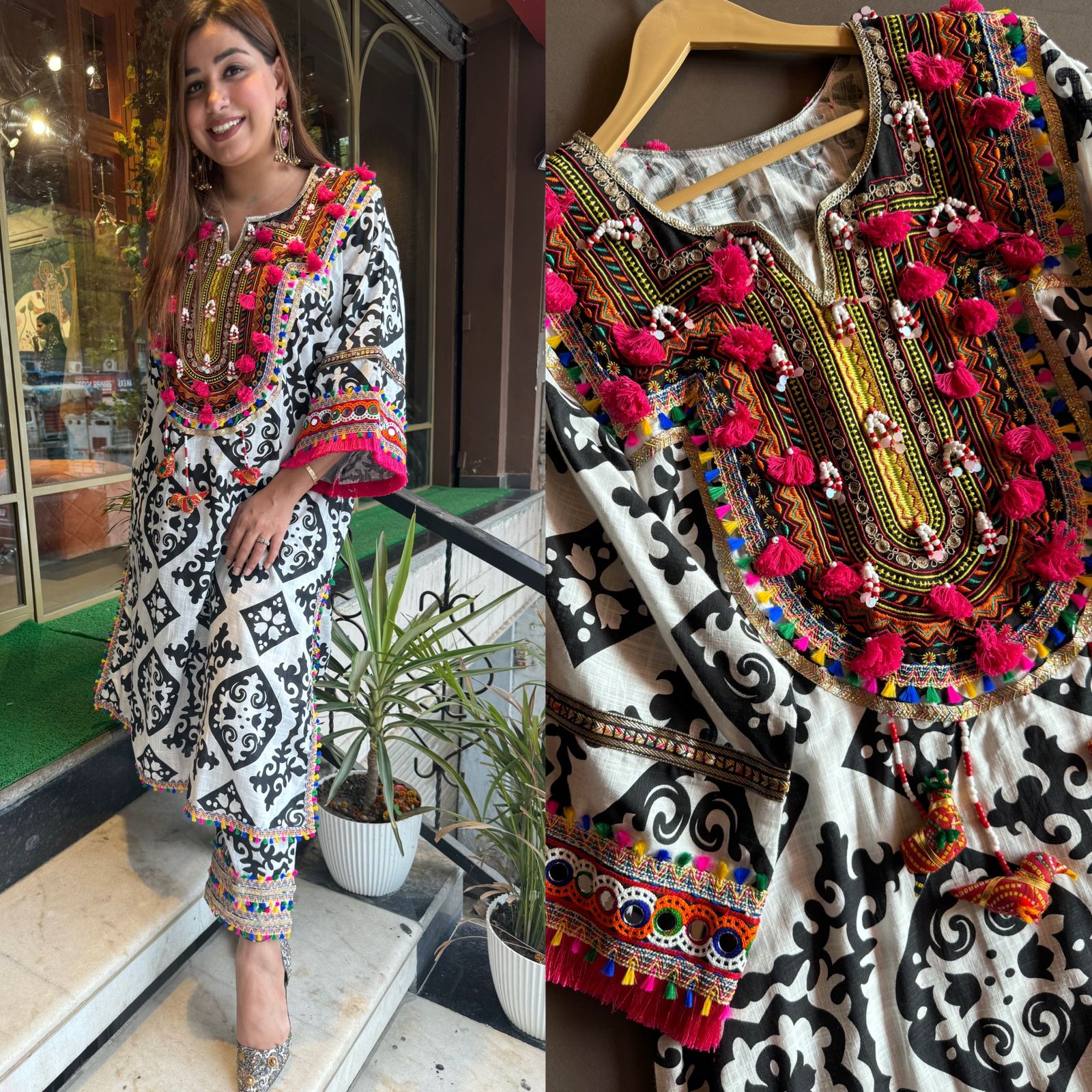 Cotton linen Ikkat printed kurta with Colourful thread work patch on the neck front and back as wel