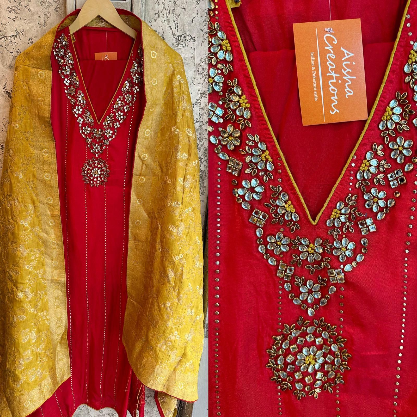 Pure russian silk shirt with beautiful kundan thread and cutdana embroidery