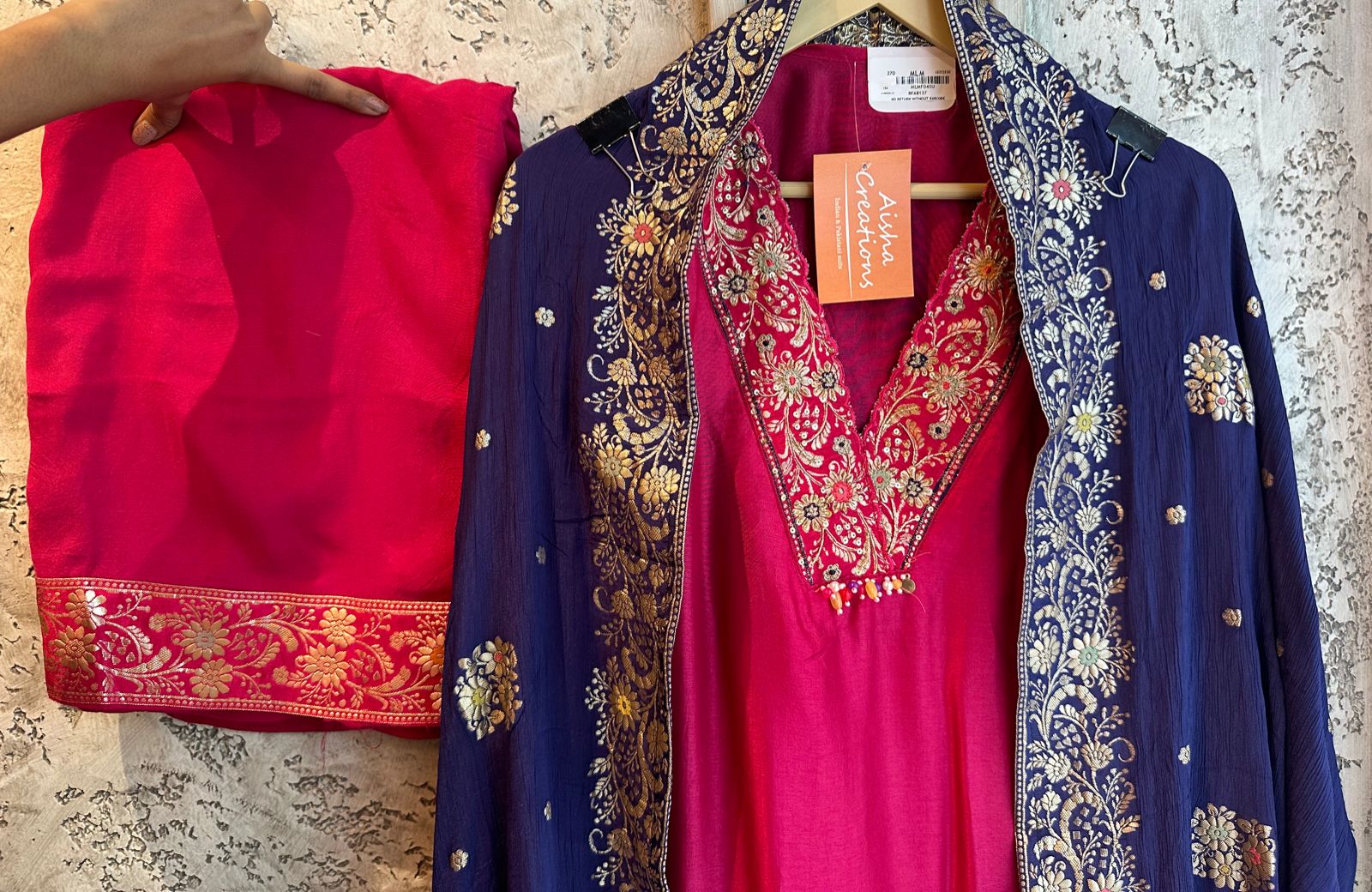 Pure silk shirt with handwork on the neckline (thread sequence work and zari)