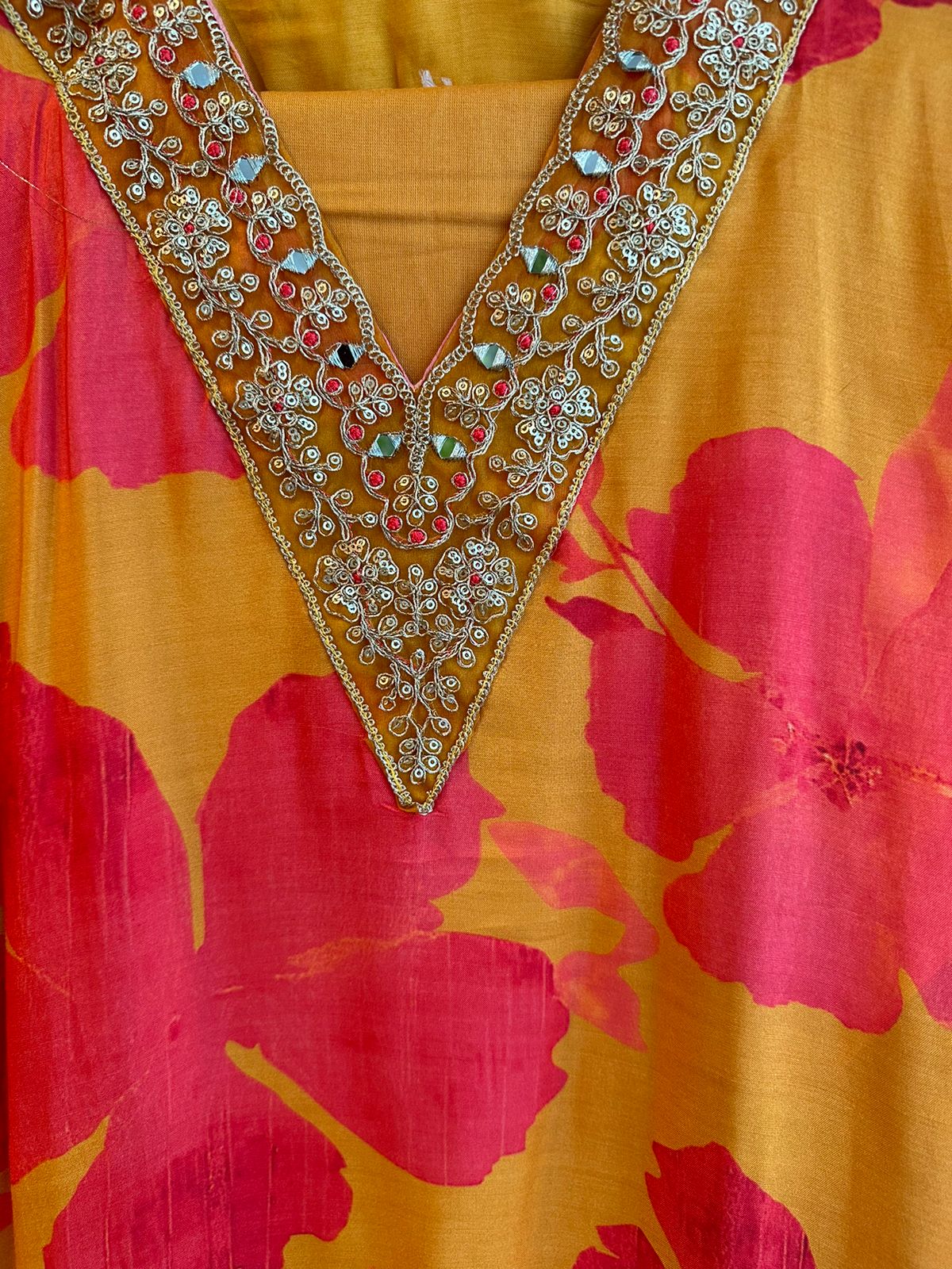 Super soft and Flowy muslin shirt Digital printed with Neckwork and ghera Embroidery