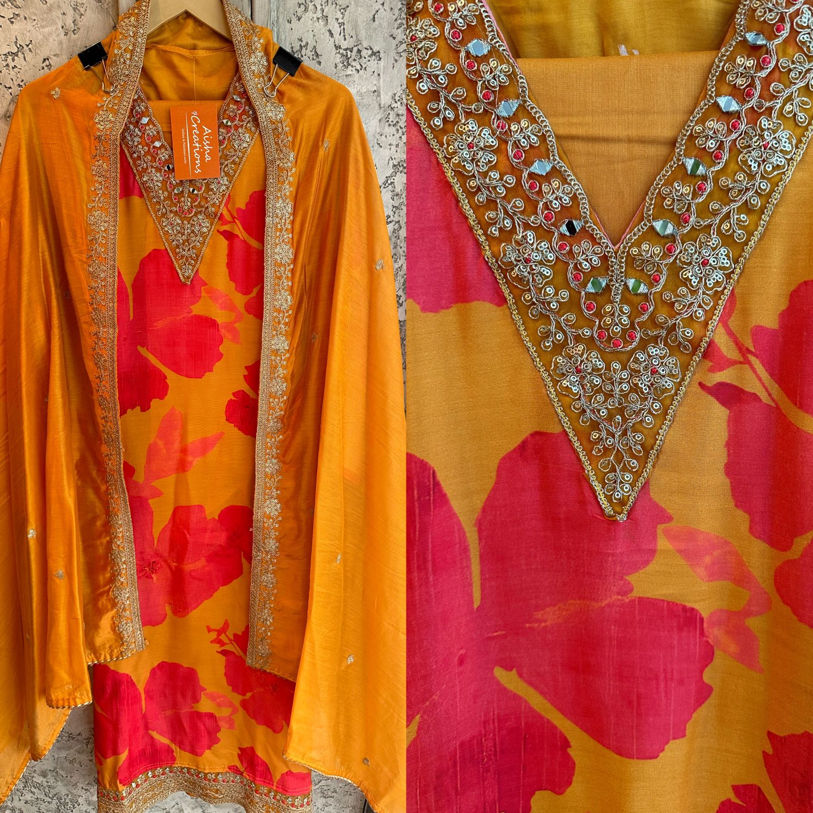 Super soft and Flowy muslin shirt Digital printed with Neckwork and ghera Embroidery