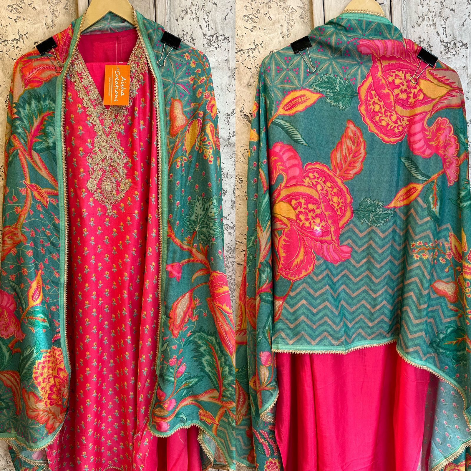 Pure russian silk digital unstitched with elegant handwork V neckline