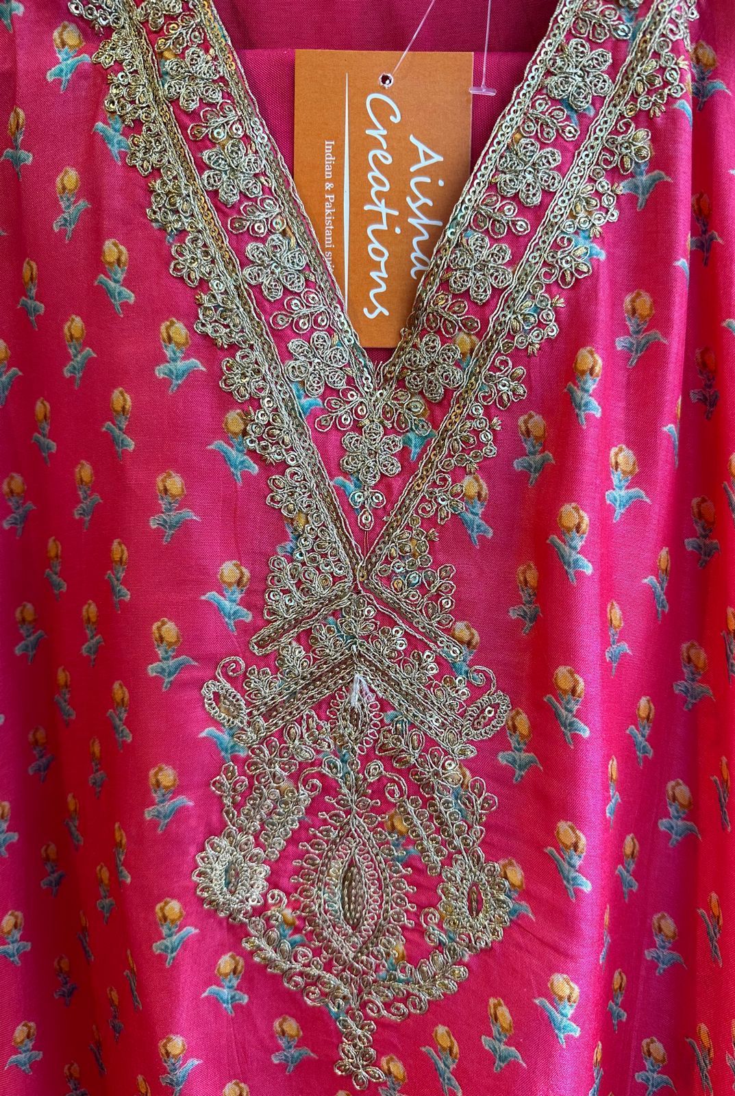 Pure russian silk digital unstitched with elegant handwork V neckline