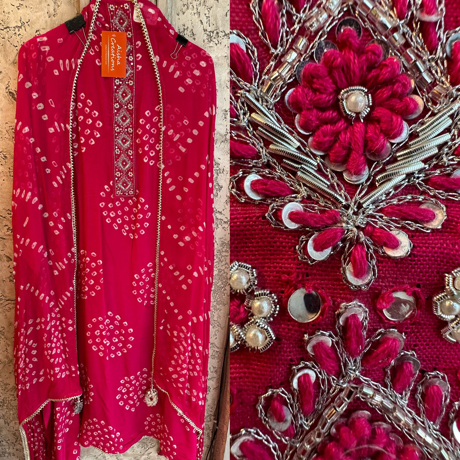 Very beautiful Bandej silk unstitched shirt  Neckline has thread and Pearl