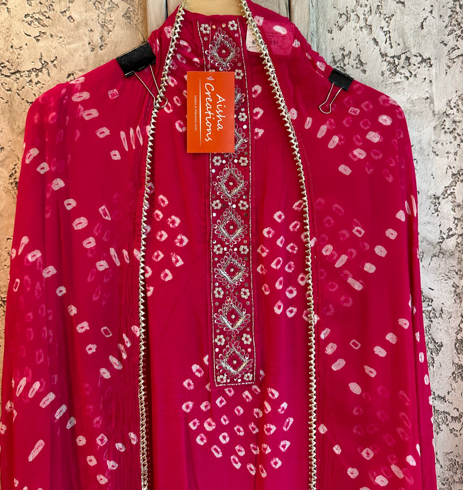 Very beautiful Bandej silk unstitched shirt  Neckline has thread and Pearl