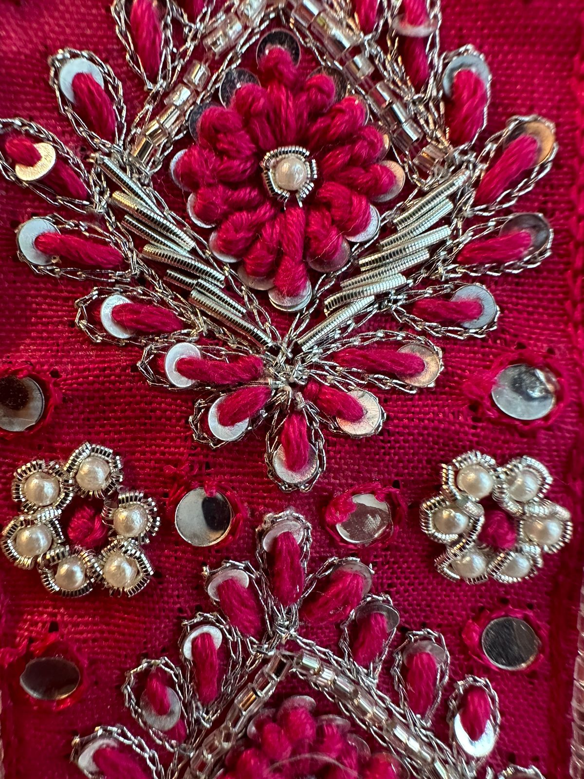 Very beautiful Bandej silk unstitched shirt  Neckline has thread and Pearl