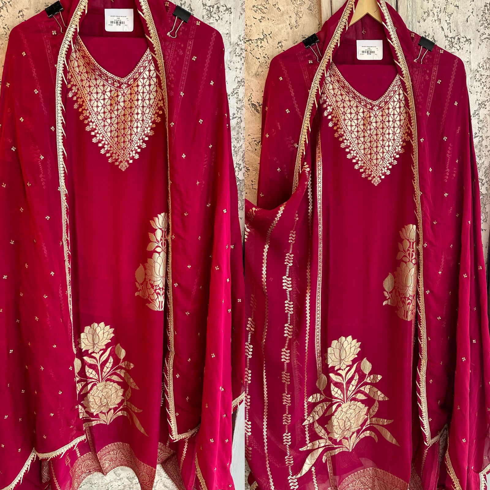 Cherry red colour very beautiful unstitched shirt with gold zari work